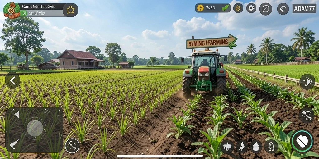 Screenshot gameplay ADAM77 menampilkan pertanian yang subur dan interaksi sosial.
