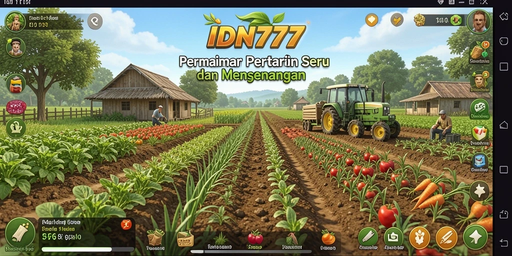 Tampilan gameplay IDN777 dengan berbagai tanaman dan hewan ternak.