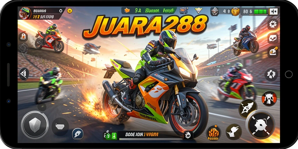 Tampilan gameplay JUARA288 yang menegangkan saat balapan motor.
