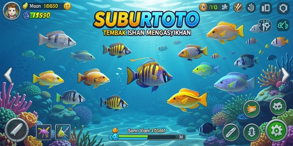 Tampilan gameplay SUBURTOTO dengan aksi menembak ikan yang seru.